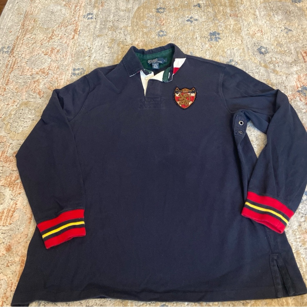 Polo Ralph Lauren L Button Up Rugby Long Sleeve Polo Vintage Y2K Blue Red Crest